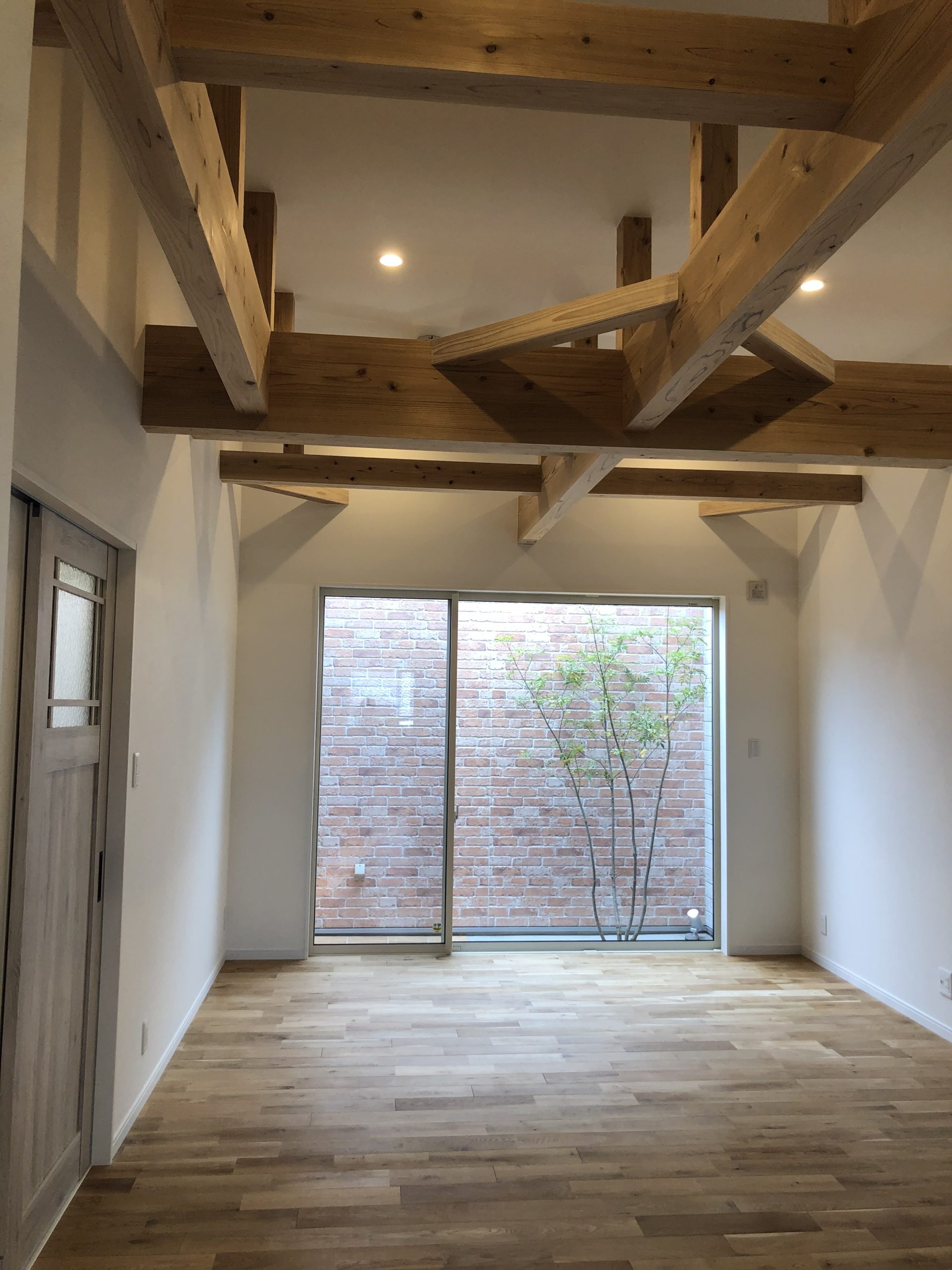 室内は、中庭を中心にやわらかな光が差し込む明るいリビングが広がる